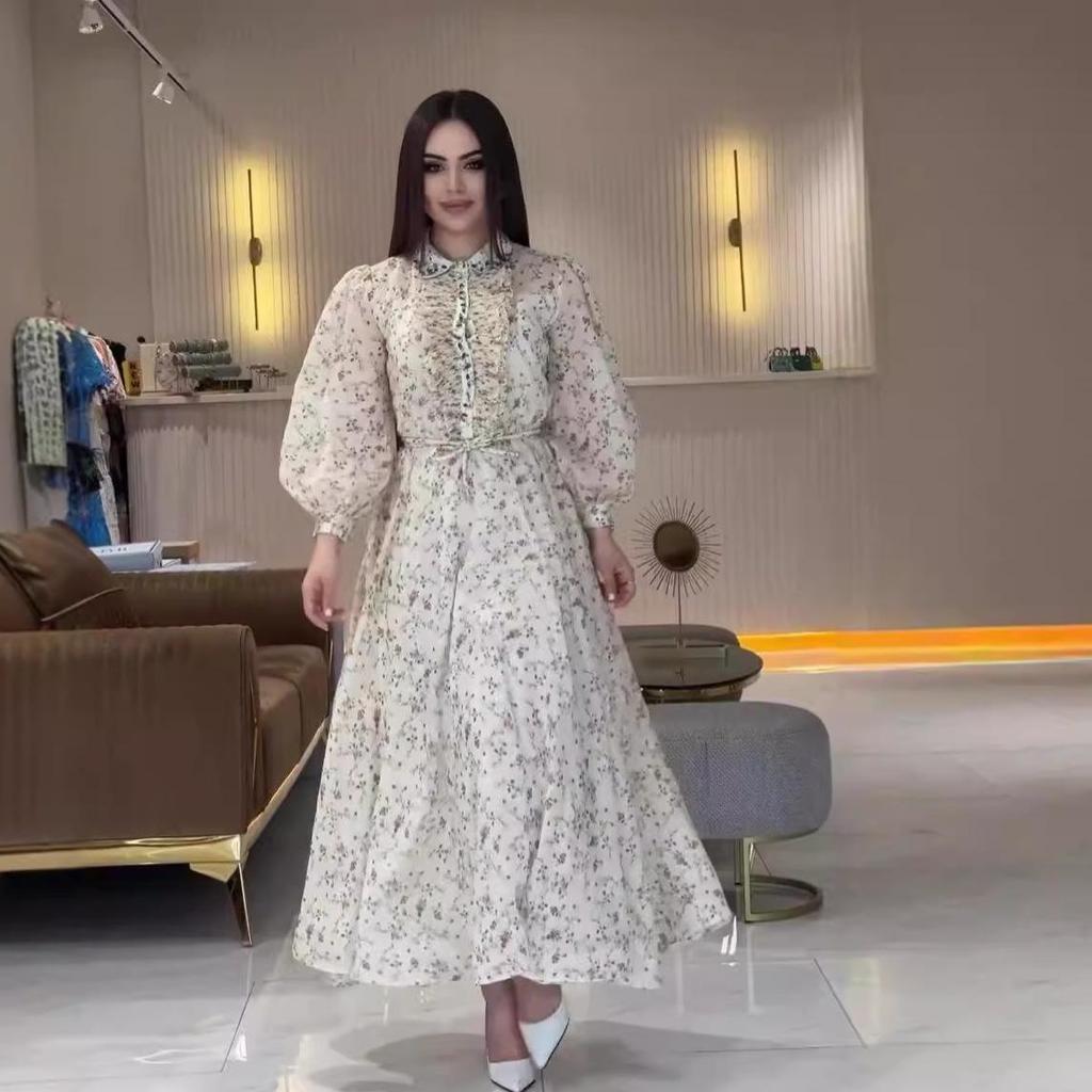 2024 Autumn Women's Fashion Floral Lapel Puff Sleeve Dress