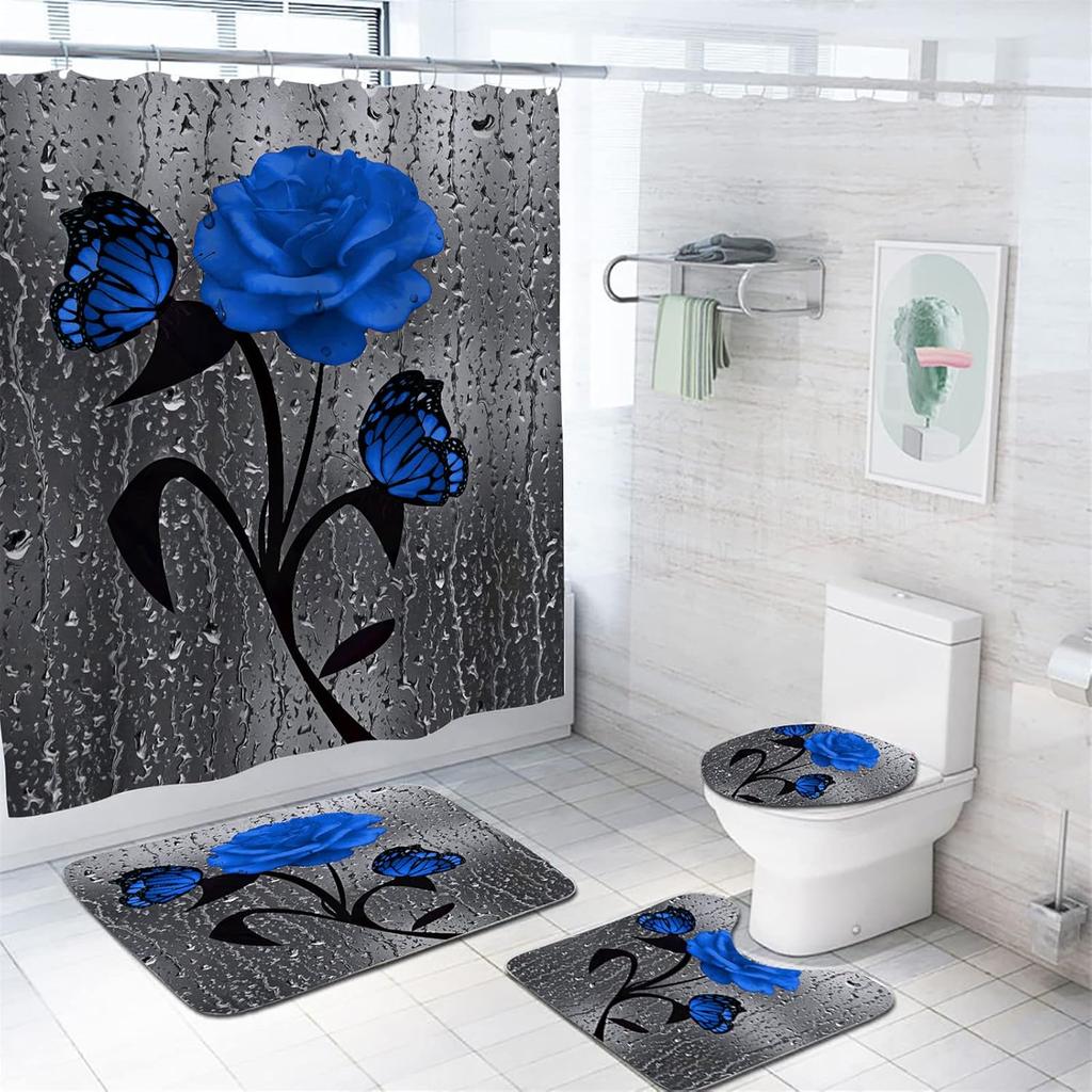 4Pcs Waterproof Shower Curtain Set Bathroom Curtain with Entrance Doormat Toilet Seat Cover Rug Anti-Slip Floor Mat Bath Decor