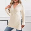 Plus Size Women's V-Neck Ribbed Top - Long Sleeve Solid Color for Fall/Winter