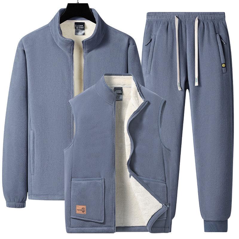 Men's Warm Winter Two-Piece Set: Stand-Collar Lambswool Fleece Jacket and Casual Pants.