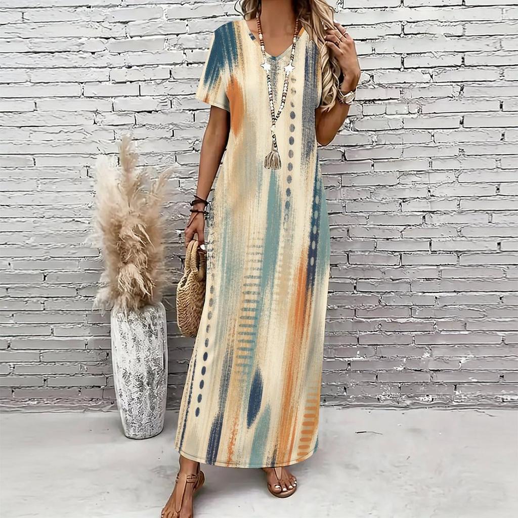 Women Plus Size V Neck Short Sleeve Printed Straight Maxi Dress