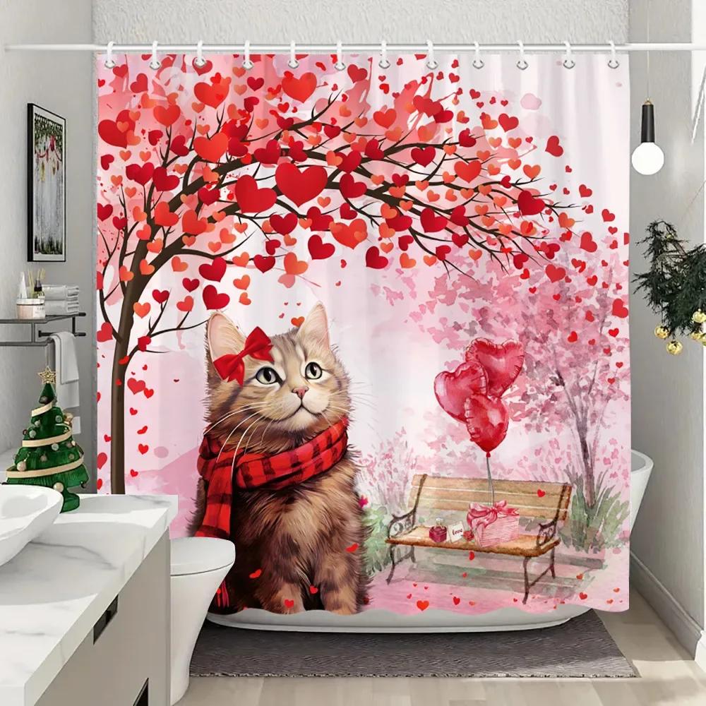 Valentine's Day Love Shower Curtain Black and White Buffalo Check LOVE Valentine's Day Gift Washable Bath Curtain Bathroom Decor