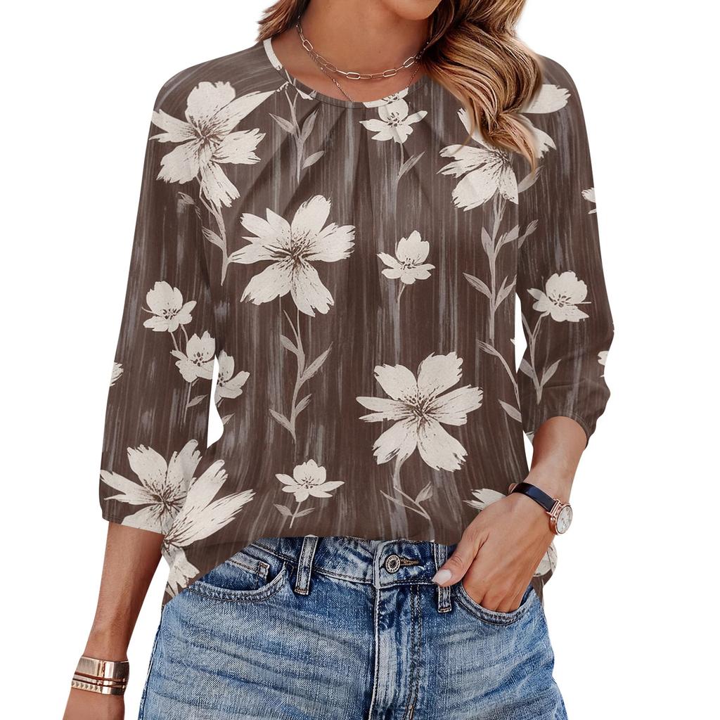 Women's Floral Print 3/4 Sleeve Round Neck Pleated Top Casual Loose Fit Blouse Lightweight Soft Fabric Shirt for Daily Wear