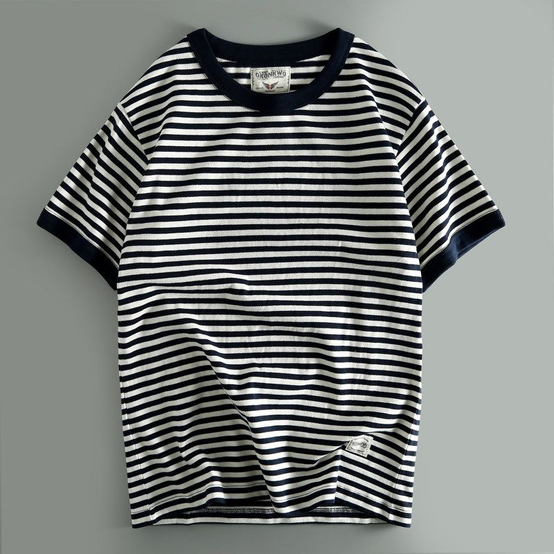 Schwergewicht Rinderwaren ~ Amerikanisches Retro-Streifen Rundhals Kurzarm T-Shirt Amekaji Middybluse Marineblau-Gestreiftes Hemd Modemarke Oberteil