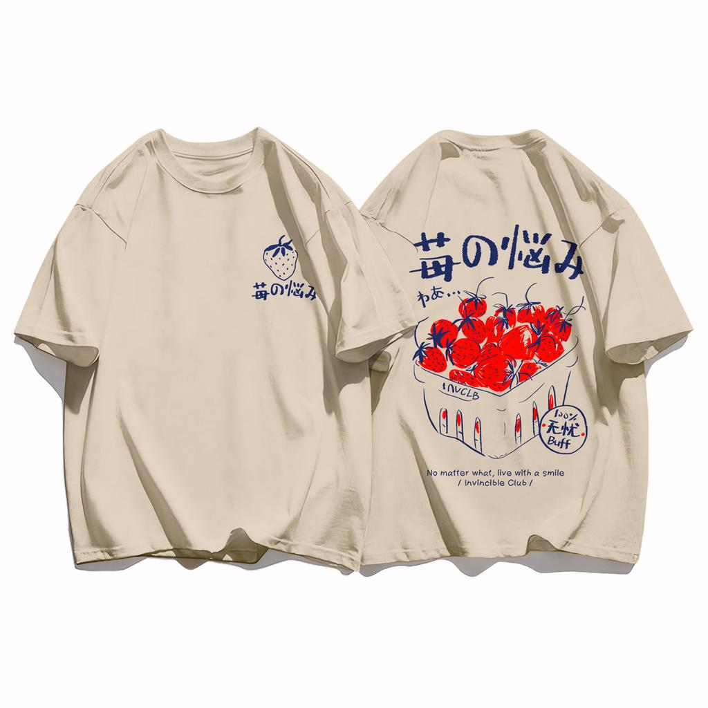 Art Text Strawberry Creative Women T-Shirt Loose Hip Hop Streetwear Fashion New Clothing Female All-Mtach Comfortable Cotton Top
