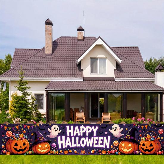 Outdoor Hanging Banners Halloween Fence Banner, 118 x 20 Inch Large Yard Sign Banner Flag, Scary Trick or Treat Party Decor Backdrop Decoration