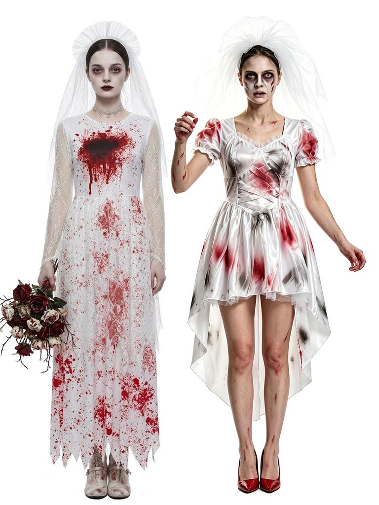 Kostým Duch Nevěsty na Halloween Bílé Svatbní Šaty s Krví Gotická Hororová Tematická Párty Divadelní Kostým pro Ženy Dospělé Cosplay