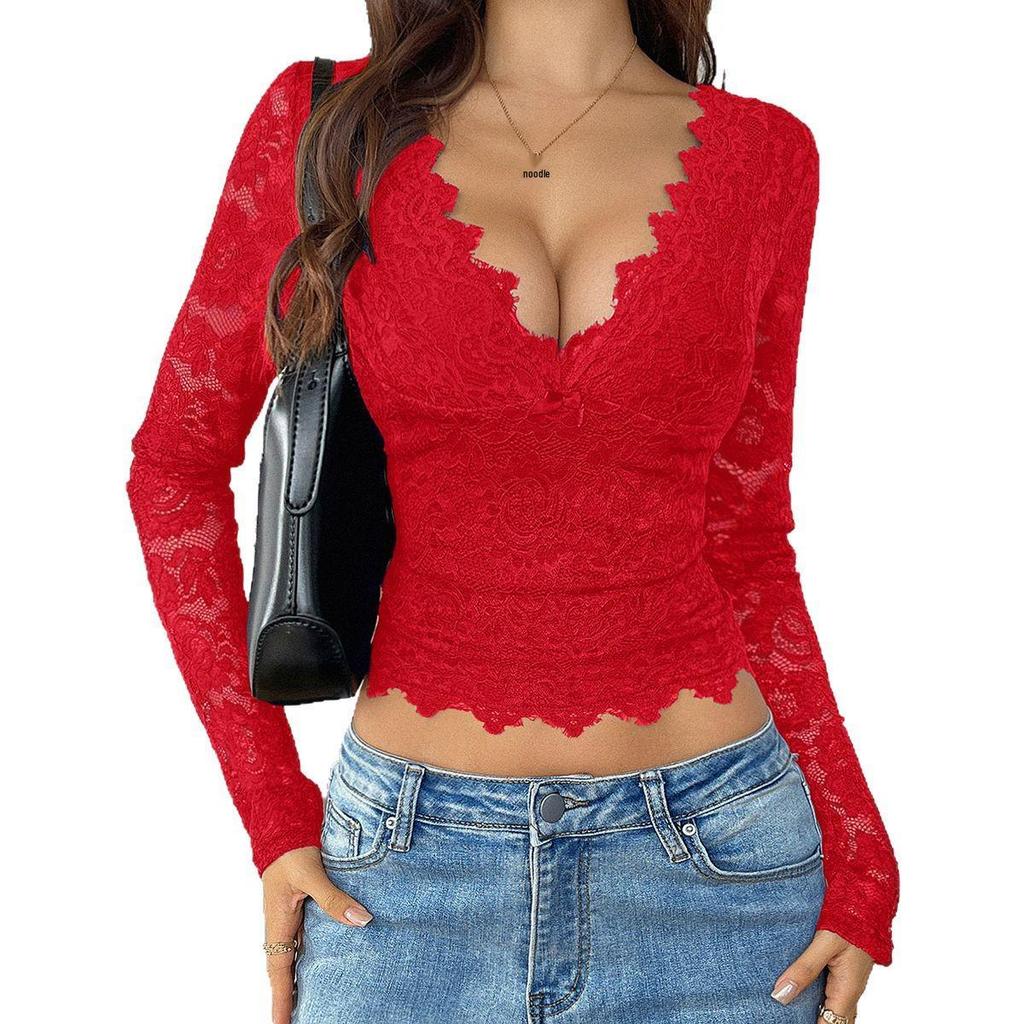 Y2K Sexy Deep V Cutout Lace Pullover - Spring/Summer 2025 Women's Top, European & American Sweet and Spicy Style