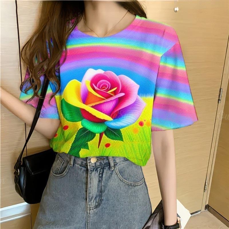 Floral Print T-shirt for Women - Casual Summer Top with 3D Flowers