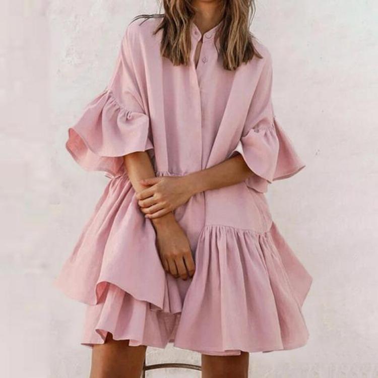 Summer Casual Loose Swing Dress for Women Babydoll Tiered Ruffle Sleeve Pleated Mini Mid-Length Dress Daily Life Beach Parties