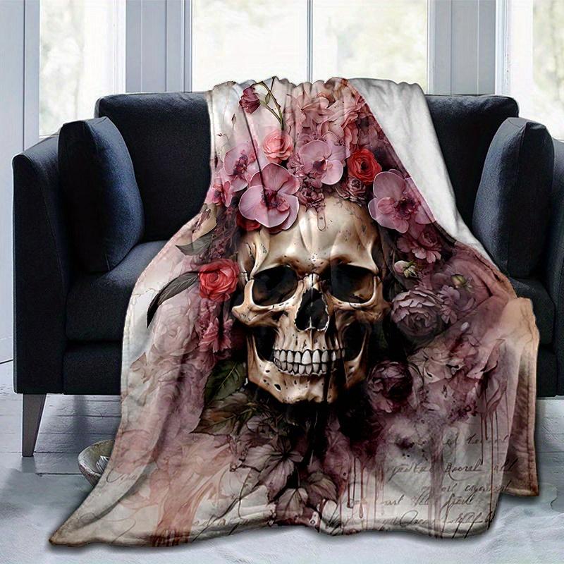 1pc Skull & Blooms Blanket  Seasonal Universal Home Decorative for Room, Living Room, Travel, Camping, Car Blankets