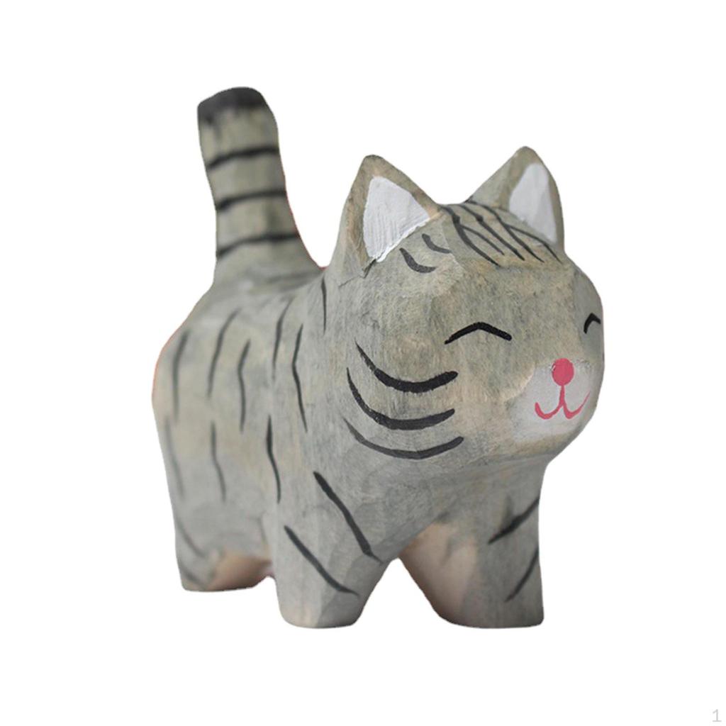 Uroczy Drewniany Rzeźbiony Kot Dekoracja Mały Prezent Ręcznie Robiona Statua DIY do Kolekcji Sztuki Terrarium
