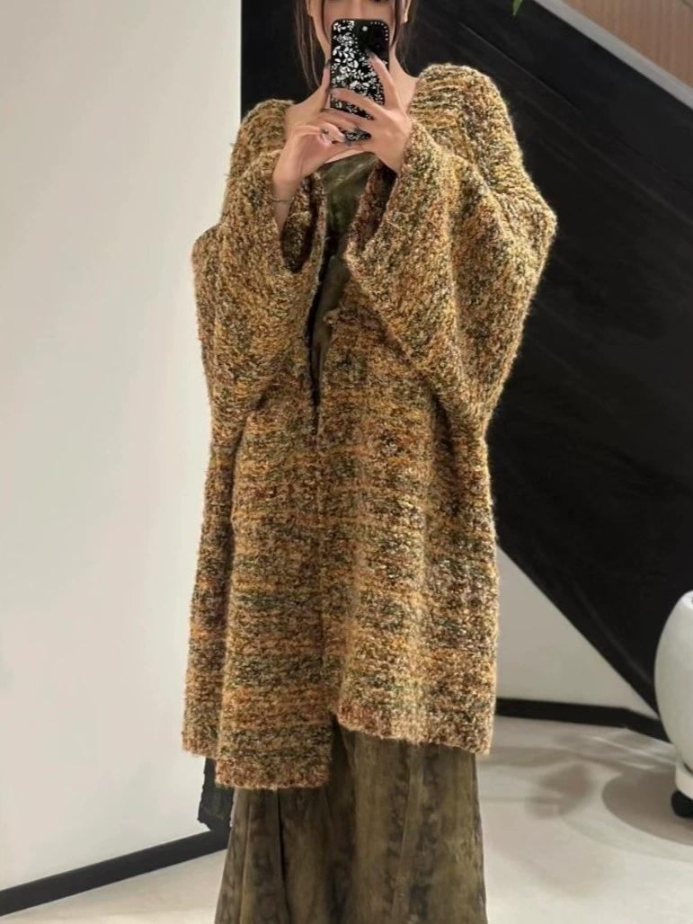 

Европейский и американский вязаный кардиган средней длины в стиле колор-блок: Повседневный свободный модный свитер-пальто для женщин One Size жёлтый