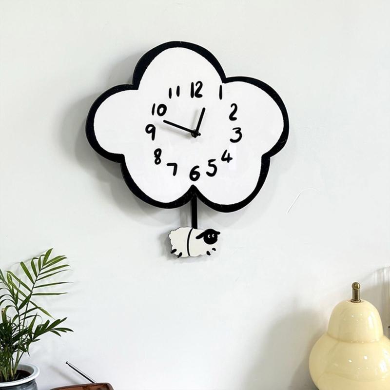 Mute Wall Hanging Clock with Quiet Movement and Swing Sheep Pendulum Cartoon Cloud Shape for Children Bedroom Decors