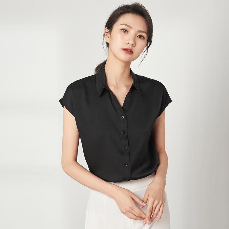 2025 Women s Short Sleeve Mulberry Silk Georgette Shirt - Double Satin Commuter Top M чёрный