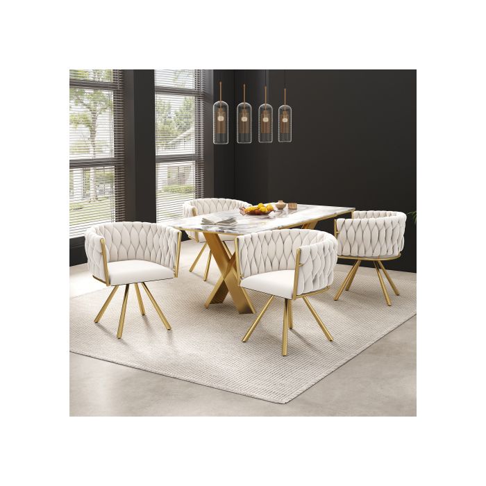 Luxueux et lumineux fauteuil pivotant simple, fauteuil pivotant de salon avec quatre pieds en métal, couleurs beige et or