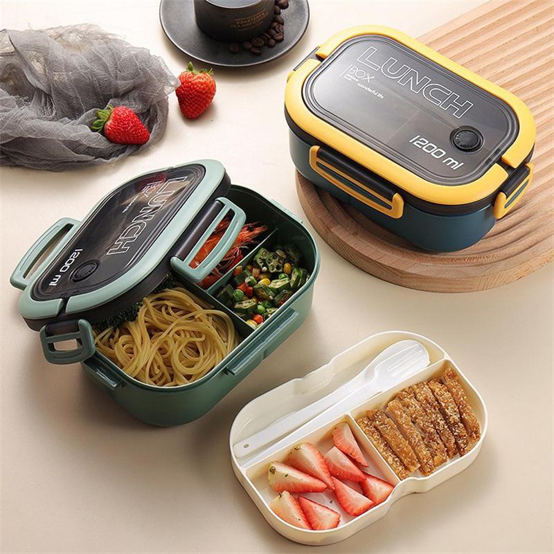 JUSTINLAU Student Lunch Box Plastic Compartments Double Layer Food Container Portable Office Workers Bento Box Microwave Safe
