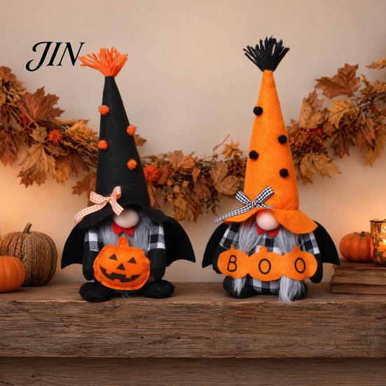 Decorative Gnome Toys Halloween Plush Decoration, Spooky Orange Black Boo Pumpkin Swedish Tomte Seasonal Table Accents Figurine, Elf Dwarf Ornaments