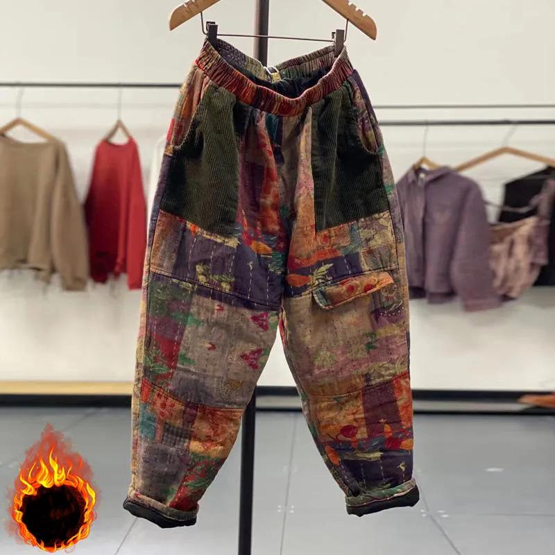 Women's Winter Elastic Waist Warm Harlan Trousers Ladies Loose Design Causal Pants