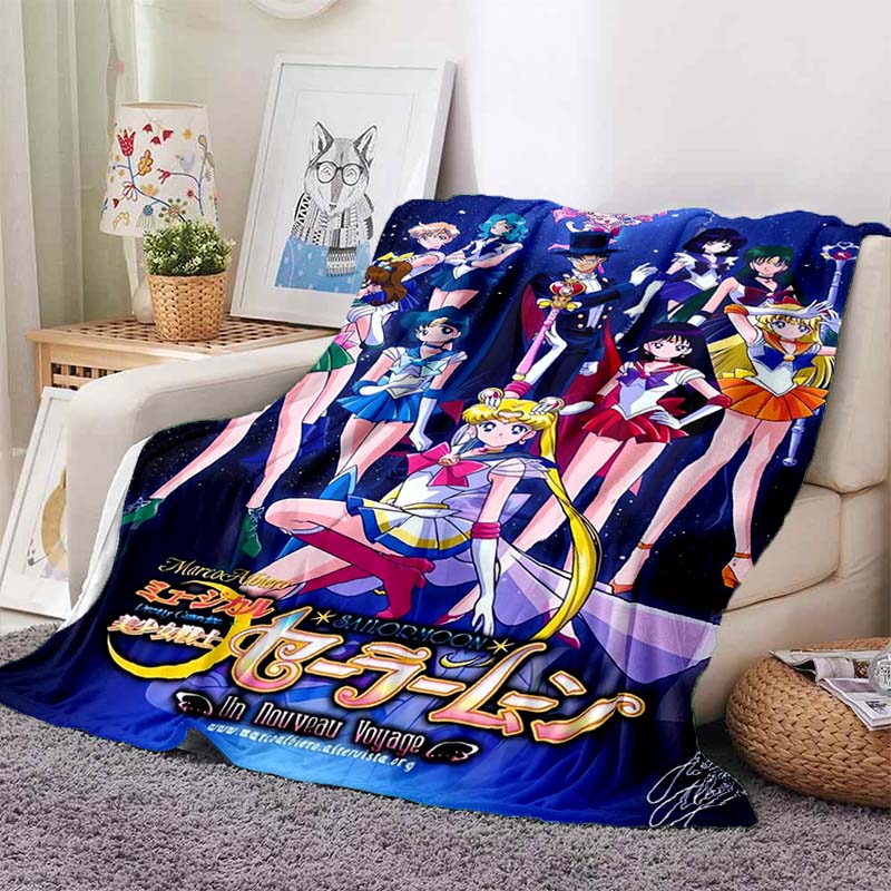 HD S-Sailor M-Moon Flannel Throw Blanket 3D Cartoon Print Soft Warm Lightweight Sofa Bed Cover Girls Bedroom Travel Decor Gift