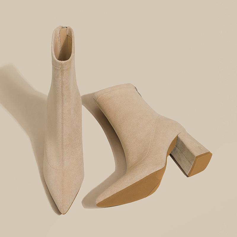 Autumn Pointed Toe Thick Heel Women Stretch Ankle Boots Fashion Elastic Slimming Female Short Booties
