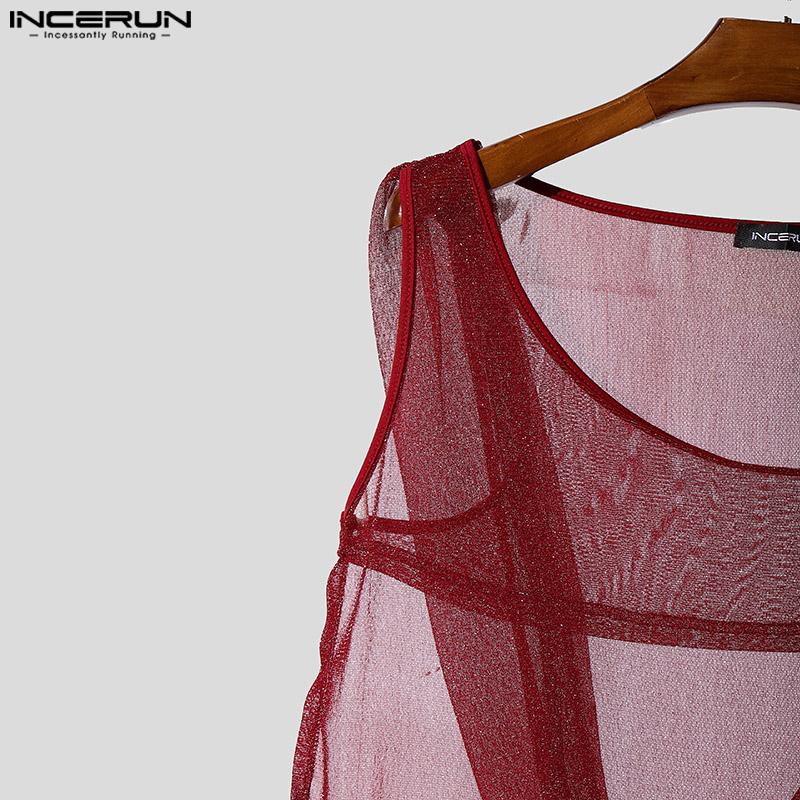INCERUN Men Sleeveless Glitter Mesh See Through Cropped Hooded Tank Tops Partywear