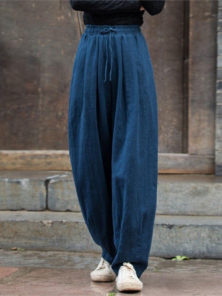 Johnature Women Vintage Elastic Waist Straight Pants Pockets Belt Solid Color Autumn Loose Casual Linen Women Pants