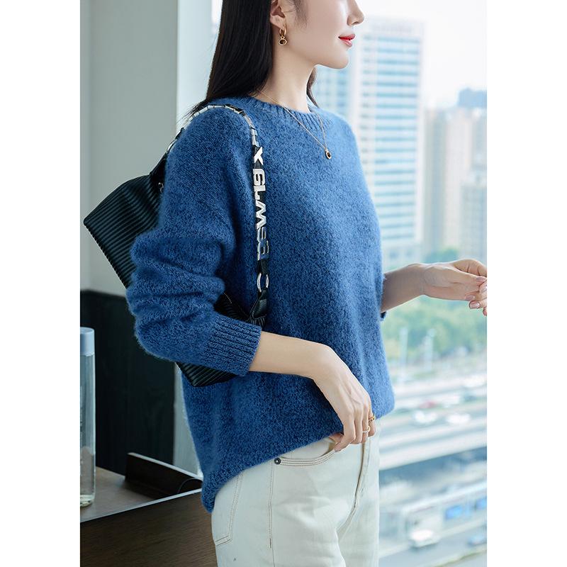 357 Fancy Yarn Women's Round Neck 100% Pure Wool Knit Pullover - Loose and Thick Style
