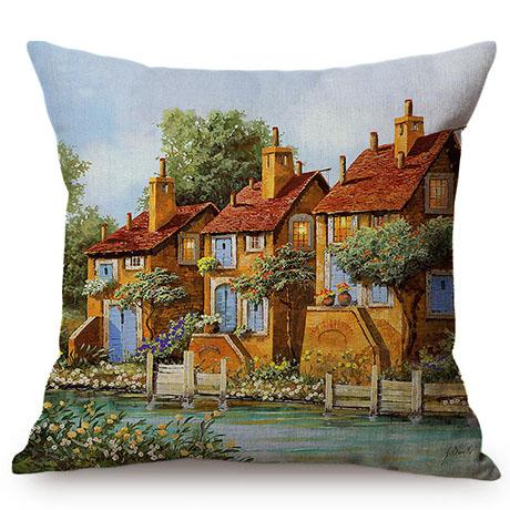 Hermoso Paisaje Rural Cabaña Feliz Recuerdo de la Infancia Pintura al Óleo Funda Decorativa para Cojín de Sofá Funda para Cojín de Coche Cojines