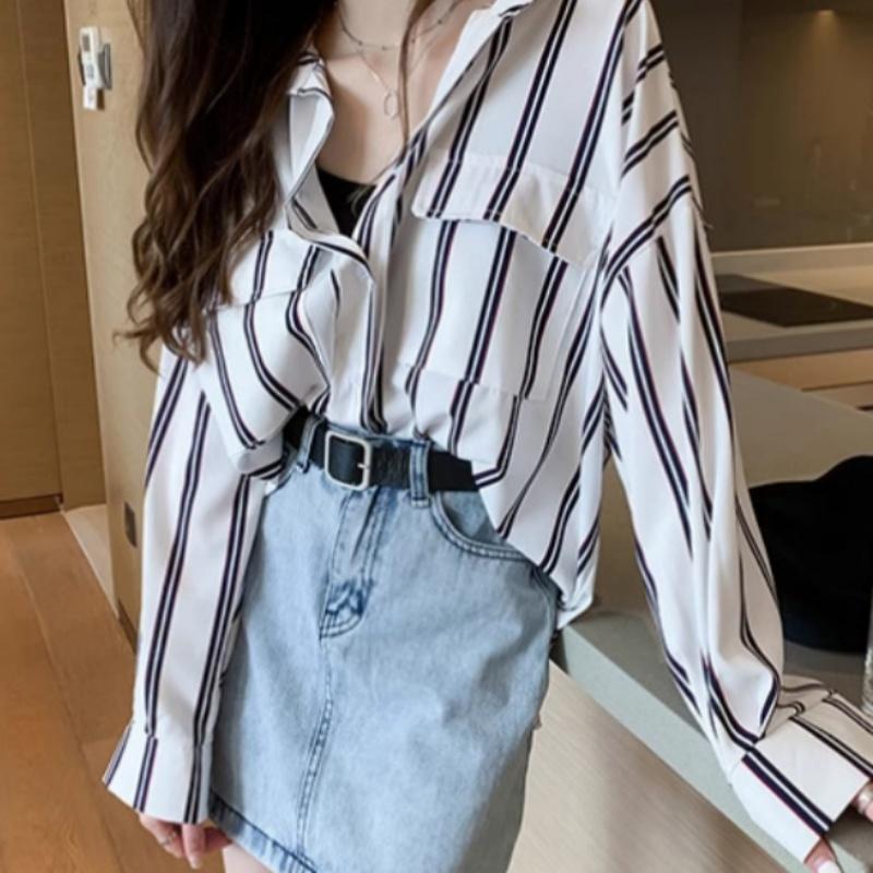 Korean Chic Loose Long Sleeved Striped Shirt for Women In Spring and Summer Slim and Medium Length Shirt Jacket