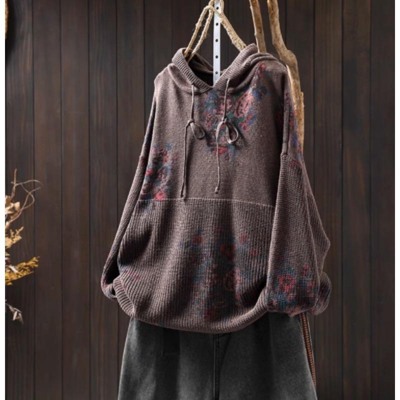 

Women s Fashion Casual Fall Winter Flower Pattern Print Long Sleeve Hooded Sweaters Size: One Size темно-коричневого