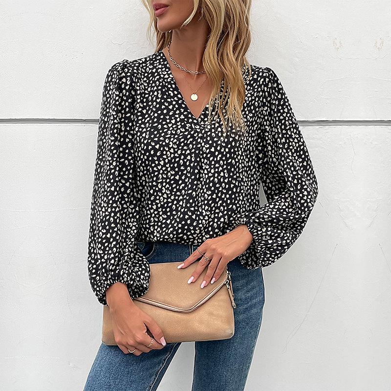 Women's 2024 Spring Leopard V-Neck Long Sleeve Commuting Top