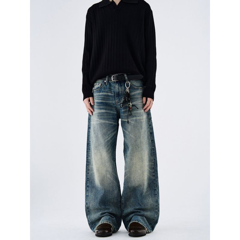 Kisko American High Street Washed Vintage Whiskered Straight-Leg Jeans Unisex Trendy Brand Cool Casual Vibe Pants