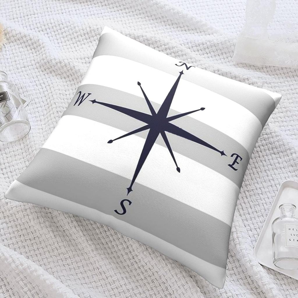 Nautical Compass Pillowcase Striped Cushion Cover Navy Blue Wind Rose Decor Coastal Throw Pillow for Living Room Bedroom