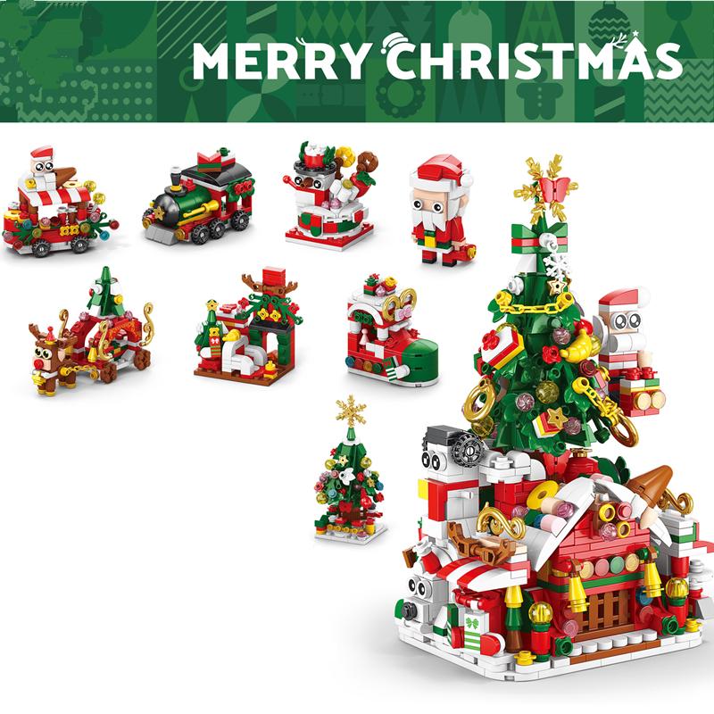 8in1 Christmas Tree Elk Deer Santa Claus Train Decorations Architecture Store Street View Xmas Snow House Building Block Kit Toy