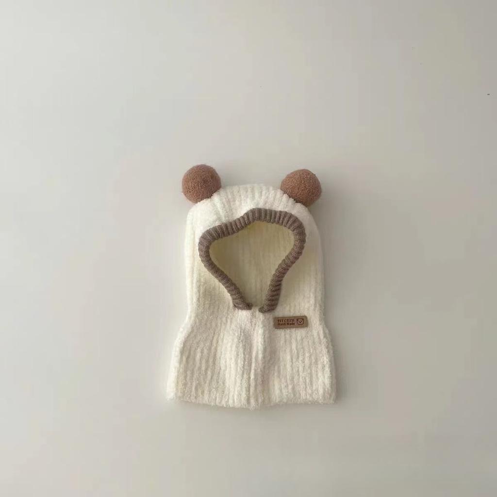 Children's hat and scarf integrated autumn and winter baby windproof and warm plush hat cute double ball boys and girls ear hat