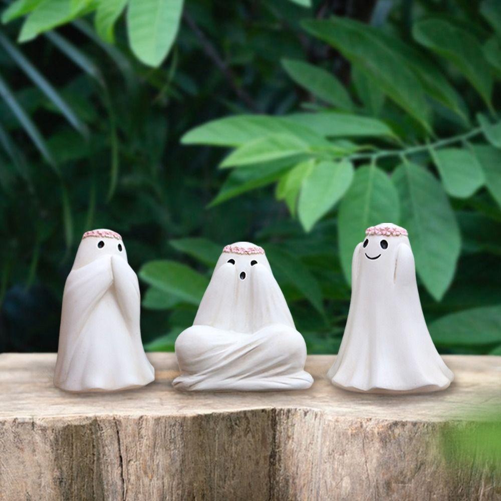 3pcs Micro Landscape Resin Halloween Ghost Decor Set Cute Funny Floral Haunting Ornaments Cartoon Ghost Art Sculpture Gift