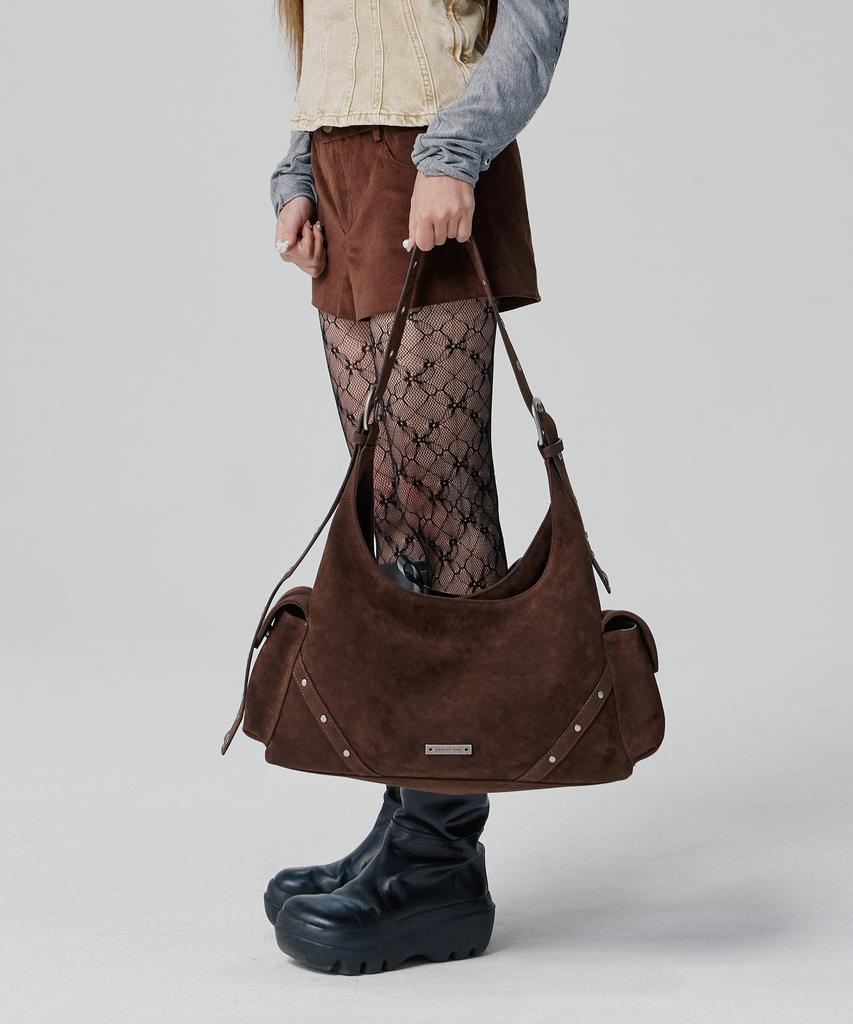 Peanut Loop Stud Buckle Suede Bag Brown