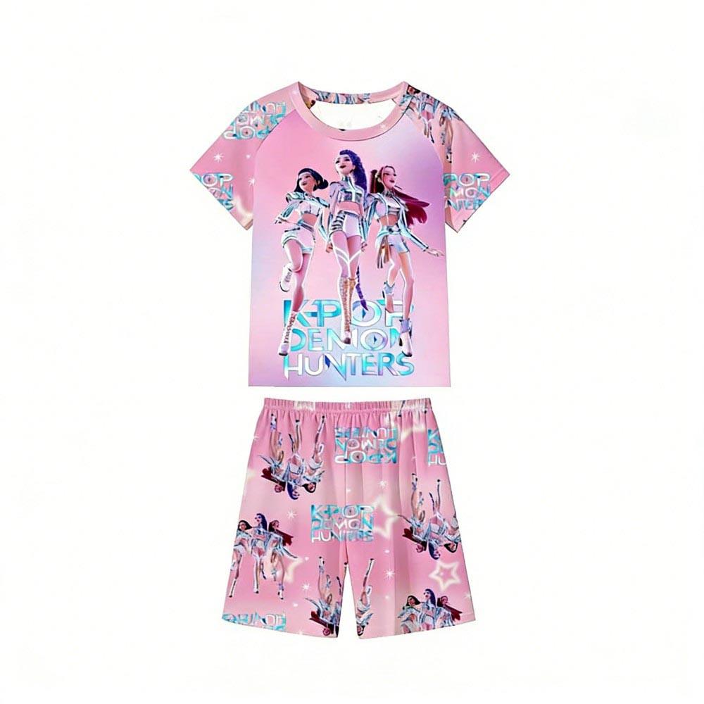 Zomer Kinder Pyjamaset Kpop Demon Hunters Bedrukt Kinder O-hals Korte Mouw Tops Shorts 2 Stuks Zomer Meisjes Casual T-shirt Sets