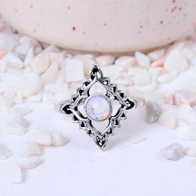 Handcrafted Vintage-Style Silver-Toned Ring with Ornate Filigree and a Round Cabochon Moonstone Gemstone