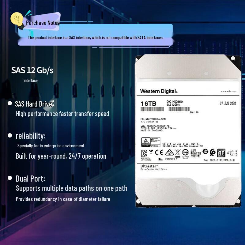 Western Digital DC HC550 16TB Enterprise SAS Hard Drive