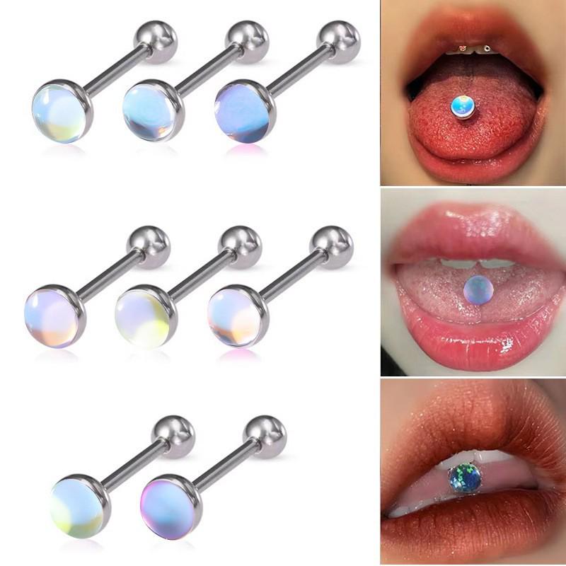 Iridescent Multi-Color Stainless Steel Tongue Ring - Removable Threaded Piercing Jewelry, Hot Girl Style.