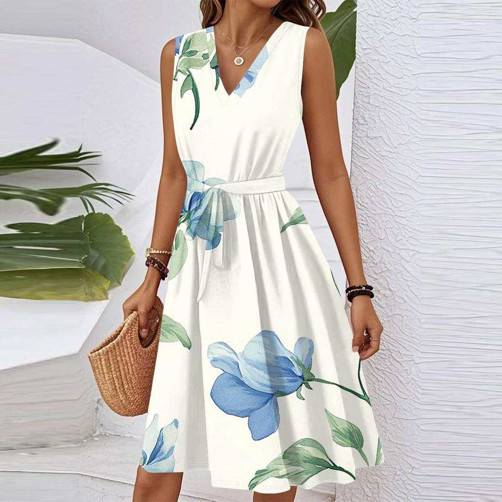 Damen Sommer Mode Locker V-Ausschnitt Ärmellos Schnürkleid mit Blumendruck