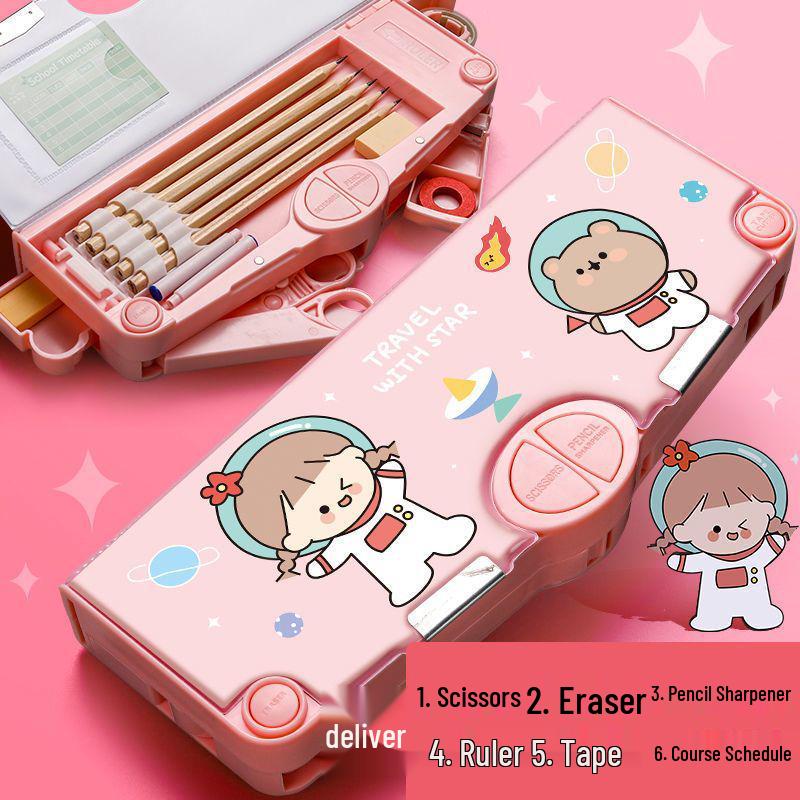 Cute Pencil Case for Girls, Kindergarten & Elementary Students: Multifunctional Stationery Box with Sharpener, Ruler & Scissors.