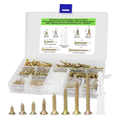 420 Stück schwarz/farbverzinkter Kohlenstoffstahl Kreuzsenkkopf selbstschneidende Schraube mit Gummidübel Set M3 Flachkopf selbstschneidende Box