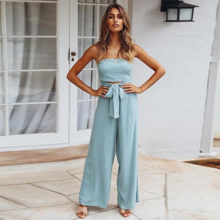 Women Slim Fit Backless Jumpsuit Set Straight Pants Spring Summer Outfit