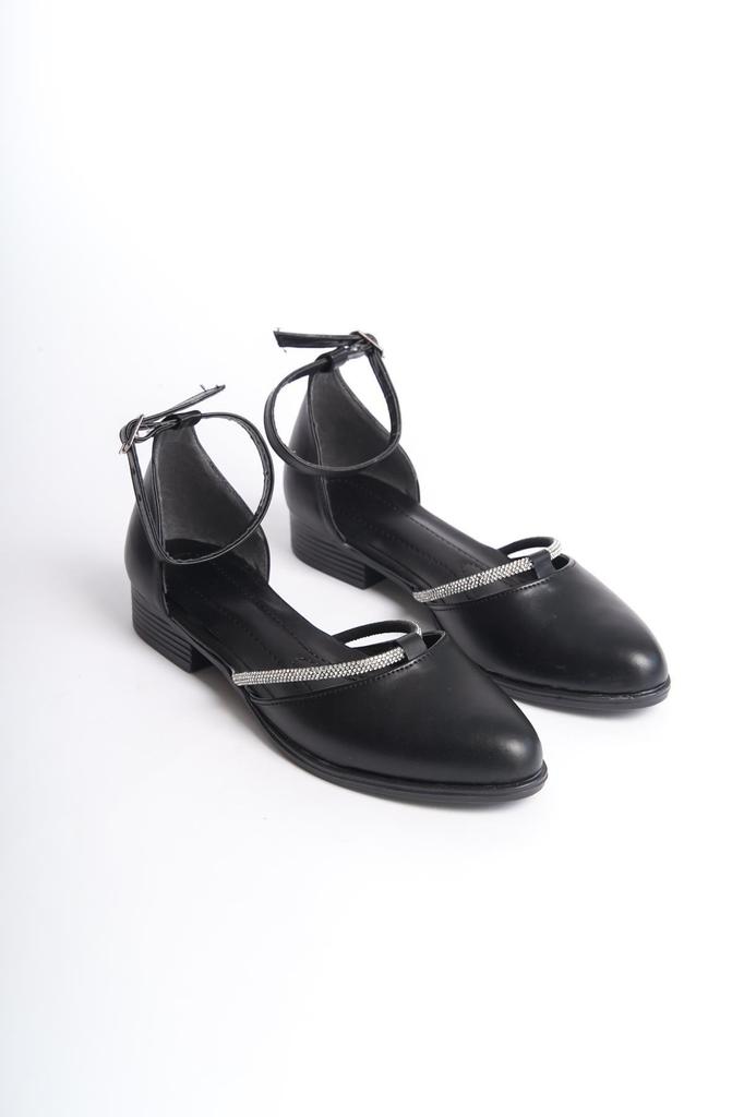 Women's Flat Shoes Trey Black Skin Stone Detailed Ballerinas with Open Sides