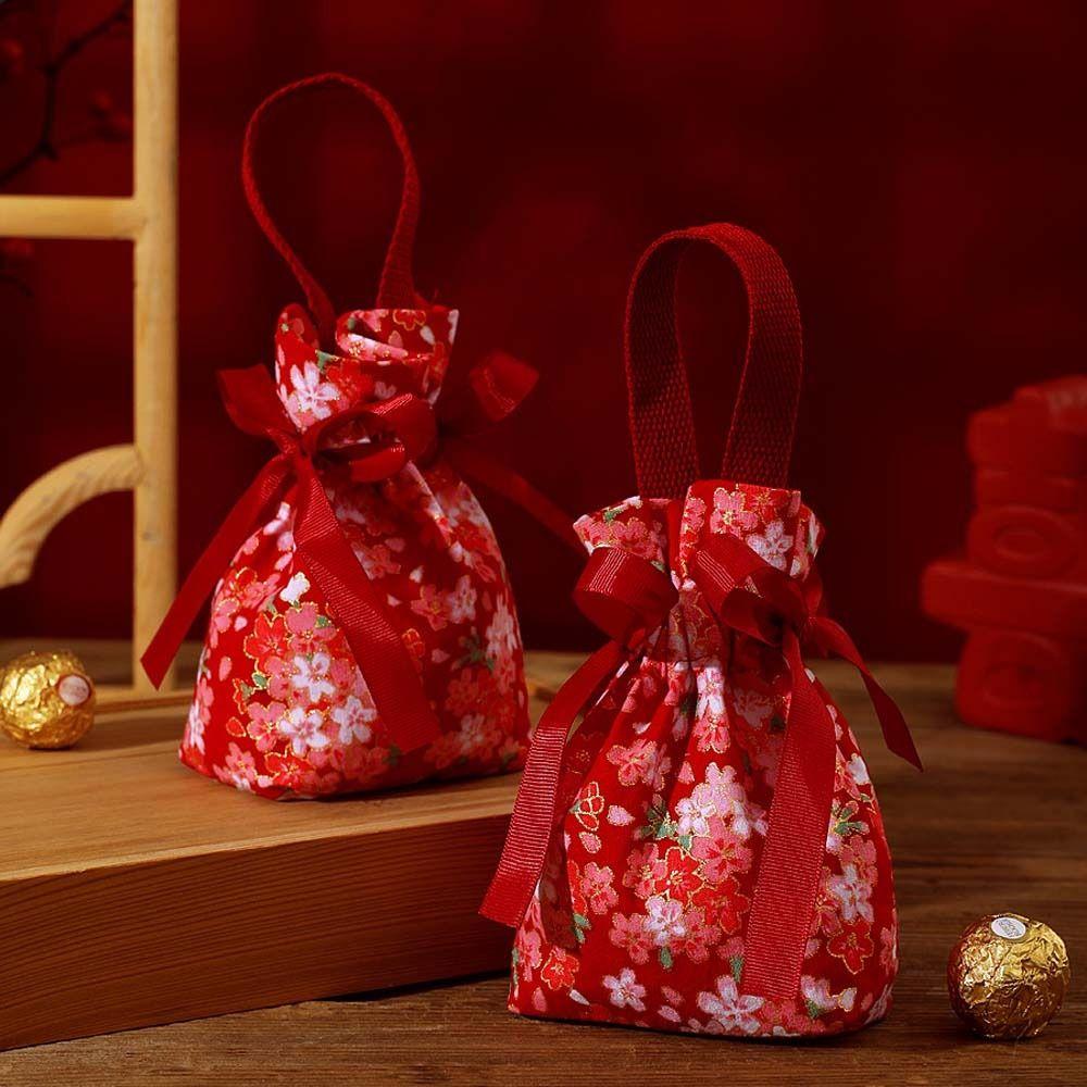 Pearl Pendant Flower Drawstring Bag Satin Bow Festive Sugar Bag Fashion Canvas Wrist Bag Festival