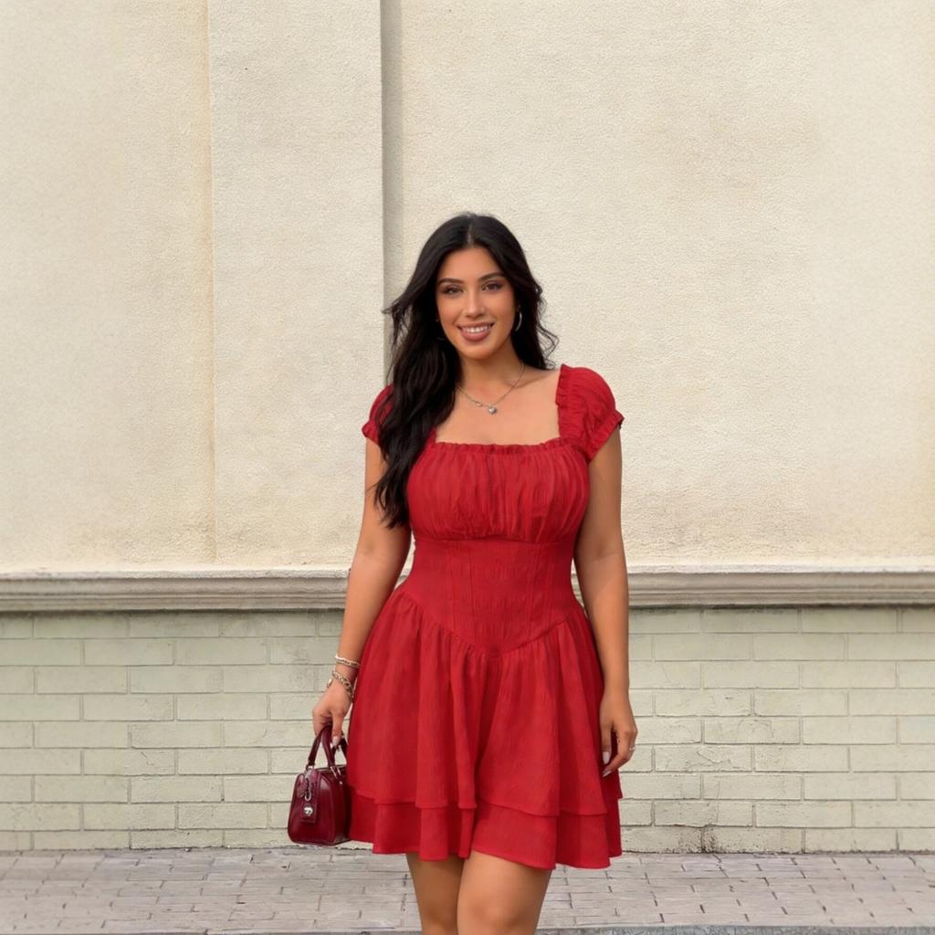 Cross-border Special Supply of Large Size Red Square Collar Waist Double-layer Skirt Dress, European and American Foreign Trade Women's Clothing Party
