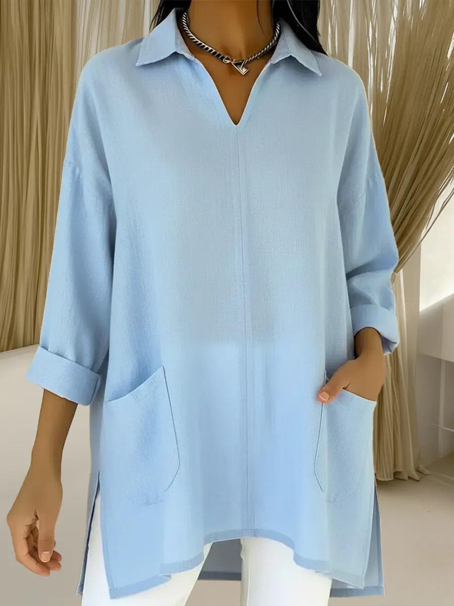 2026 Spring Women s Loose Pocket Side Slit Casual Shirt Medium светло-синий